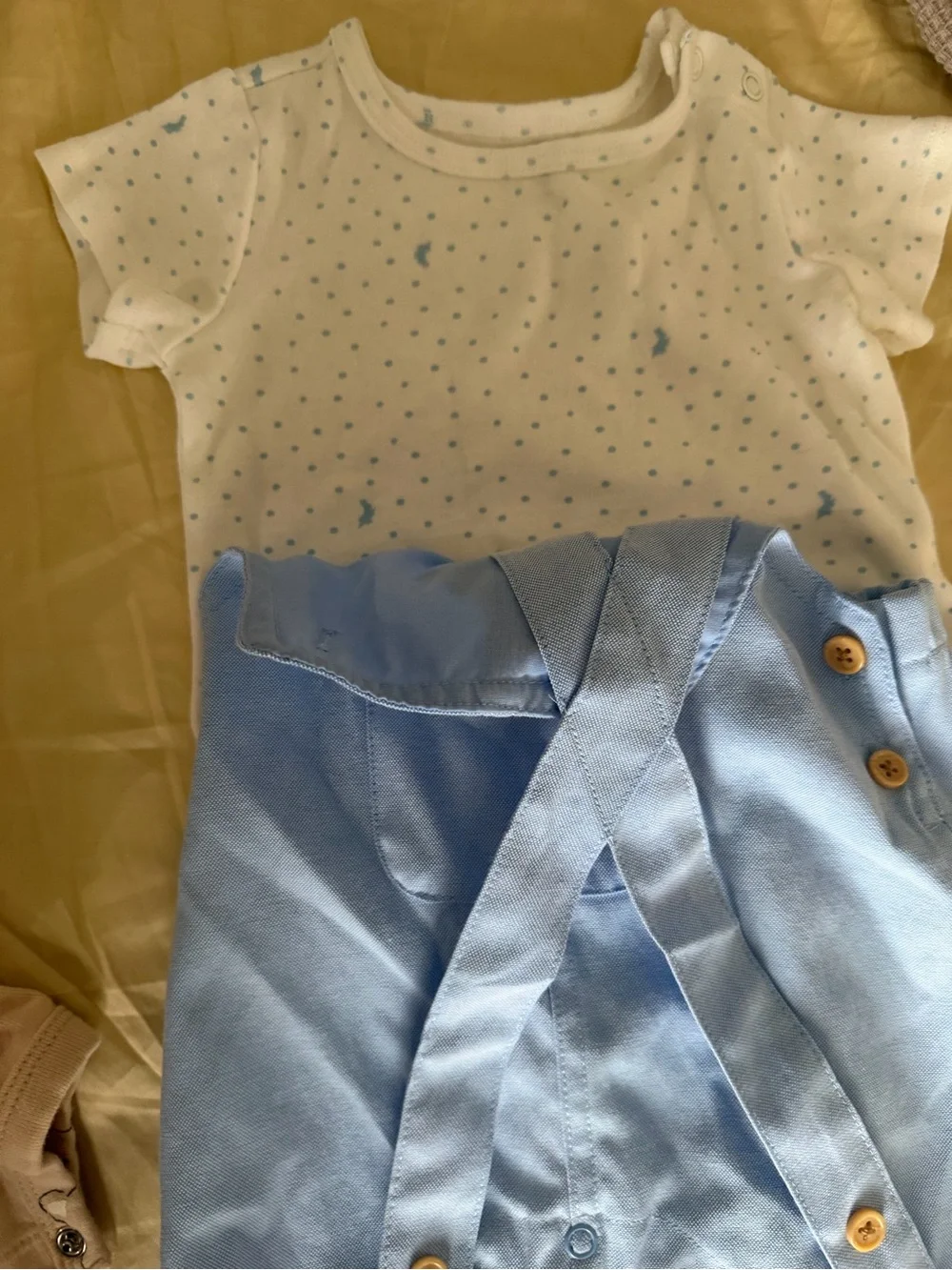 Ralph Lauren Baby Blue Knit and Chambray One-Piece Set